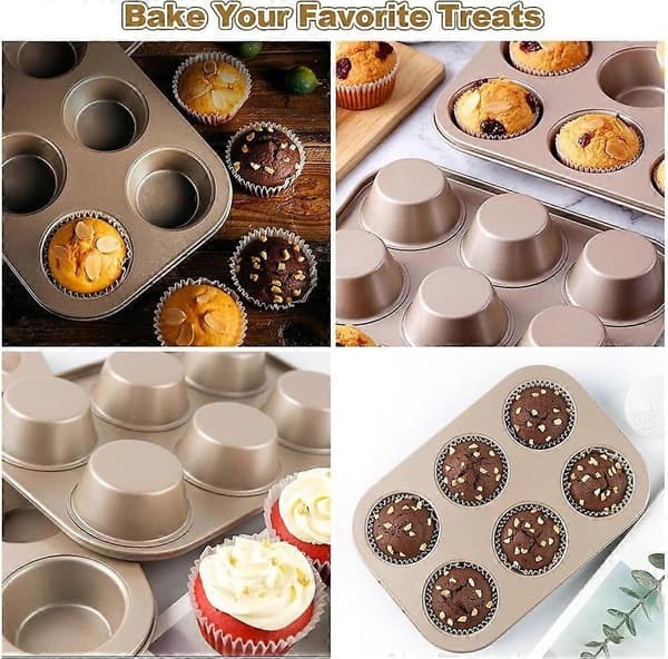 2-pak Jumbo Muffinsforme, Bageforme i Kulstofstål, Non-stick Cupcakeforme, 6-hullers Bageforme, Premium Bageudstyr, til Køkkenovn (Guld)