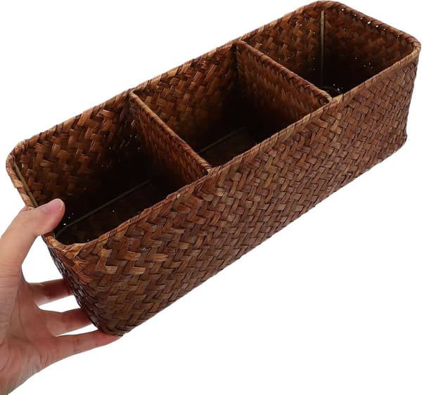 Woven Basket Desk Organizer 3-Compartment Basket Multifunctional Storage Container Khaki Simple