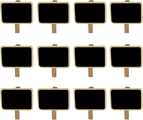 12 Mini Rektangulära Svarta Tavlor med Träklämmor, Meddelandetavlor och Etikettklämmor