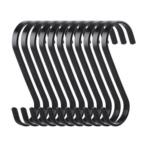 10 Pcs Stainless Steel Flat S-Hooks Heavy Duty Kitchen Hooks, Multifunctional Hooks for Kitchen or Butcher Clothes Plants Garden Tools, Black