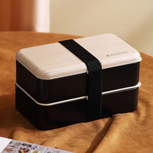 Bento Lunch Box with 2 Stackable Compartments and Cutlery, Japanese Style Meal Prep Container for Work or School, Black