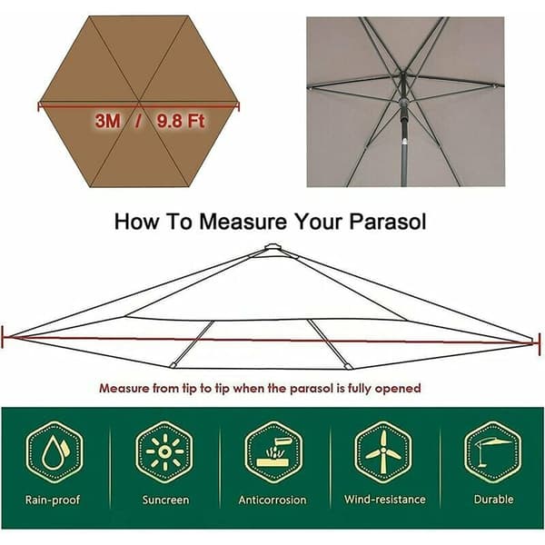 Replacement cover for parasol - 6 ribs - 3 M - Waterproof - Anti-ultraviolet - Replacement fabric (3M / 9.8Ft, Khaki)