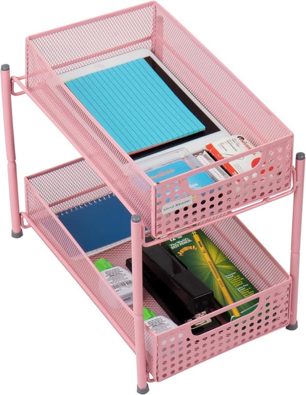 Cabinet, Mesh Storage Baskets Organizer Home, Office, Kitchen, Bathroom, Steel, Pink