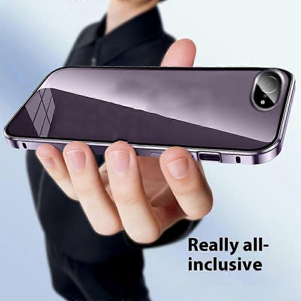 Magnetic Double-Sided Tempered Glass + Metal Case for iPhone 16e, with Buckle, Blue. Blue Blue
