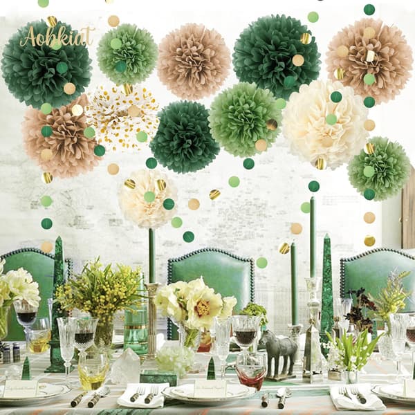 Wedding Party Decorations Set, 15 Pieces Green Tissue Paper Pompoms, Polka Dot Paper Garland String Hanging Decorations for Engagement, Rustic Wedding