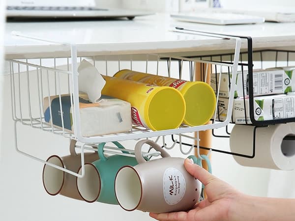 Under Cabinet Wire Basket, 5 Hooks, Paper Towel Holder, White, Kitchen Storage Organizer White