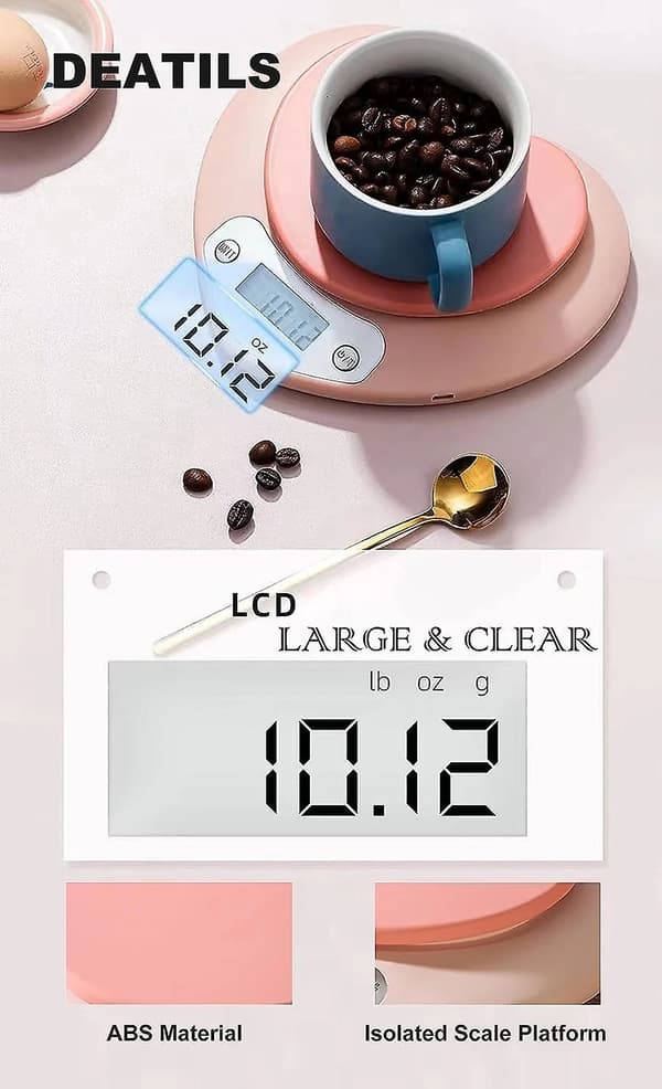 Rosa hjerteformet digital kjøkkenvekt, 5kg/1g, LCD-skjerm, tarafunksjon