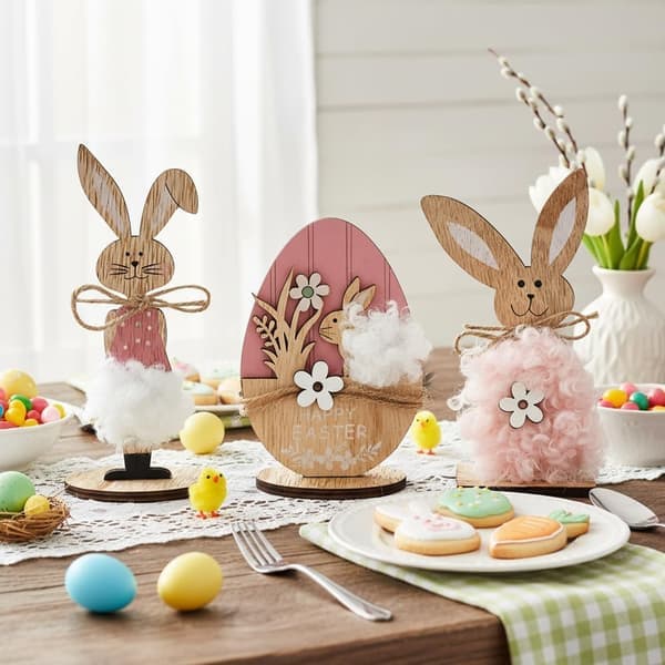 Easter Bunny Display Stand, 2/3 Pieces Wooden Easter Desk Decoration, Easter Spring Home Office Decoration