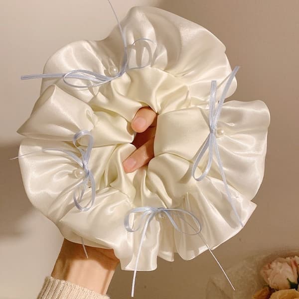 Rutig spets-scrunchie — Elastisk hårtofs & modeaccessoar*69# Blå rosett med pärlgräddvit satinspets, cirka 20 cm**69# 69# 69#