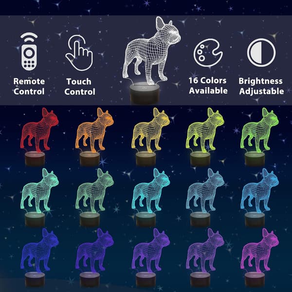 3D French Bulldog Night Light, 16 Colors Changing Optical Illusion