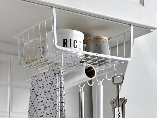 Under Cabinet Wire Basket, 5 Hooks, Paper Towel Holder, White, Kitchen Storage Organizer White