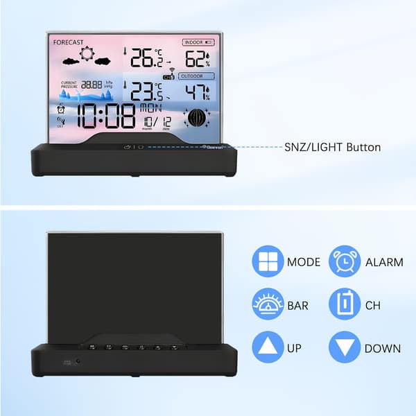 Geevon Trådløst Indendørs/Udendørs Termometer, Farvedisplay, Barometer, Kalender - CJY Sort