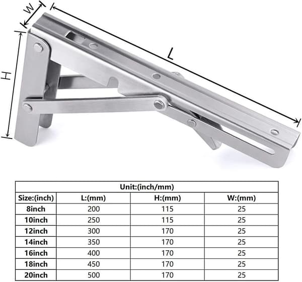 400 mm Stainless Steel Folding Bracket, Wall Mounted Folding Bracket, Shelf Bracket, 2 Pieces with Mounting Screws