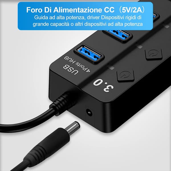 USB 3.0-hub med separat bryter og LED-lamper, 4-porters USB-hub