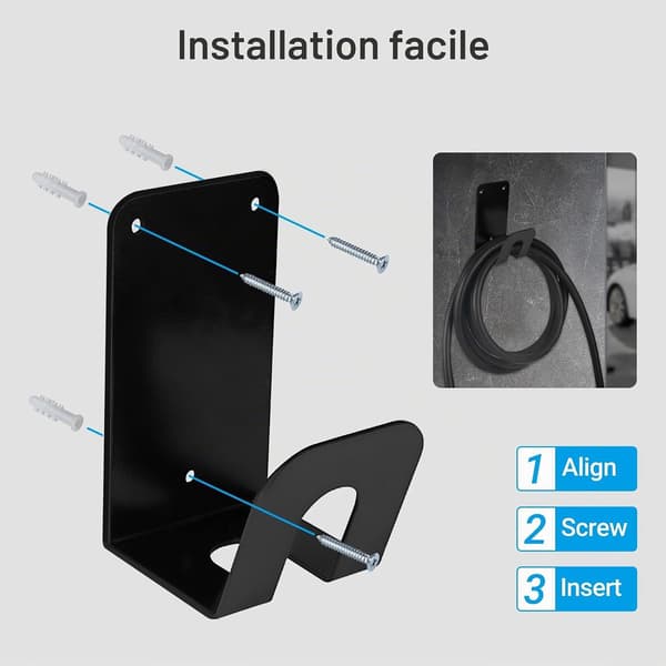 Heavy-duty wall-mounted J-hook with screws to protect and organize your EV charging cable in the garage. Accessories