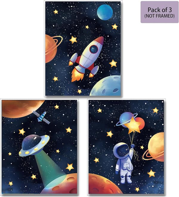 Astronaut Space Canvas Painting for 3 Pieces, Game Room Wall Decor, Solar System Rocket Wall Poster