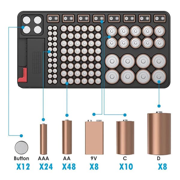 Batteriarrangør med digital batteritester rummer 110 batterier i forskellige størrelser - til AAA, AA, 9V, C og D