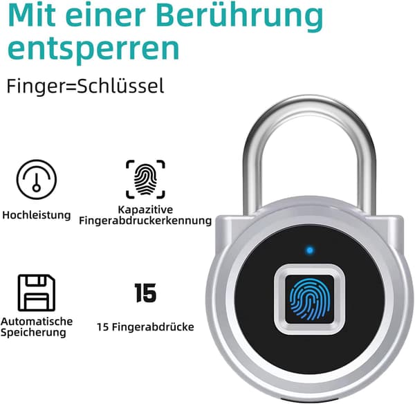 Fingerprint Lock, Combination Lock, Padlock, Lock, Padlock and Phone App, IP65 Waterproof, Smart Lock, Suitcases (Silver, P5)