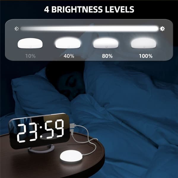 Multifunctional LED Vibration Alarm Clock Dual USB Charging Mute Bedside Automatically Adjusts Brightness White
