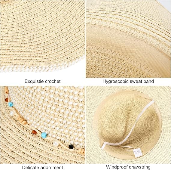 Dame halmhat, sommer solhat sammenfoldelig anti-UV strandhat med bred skygge og justerbar hagerem til rejser