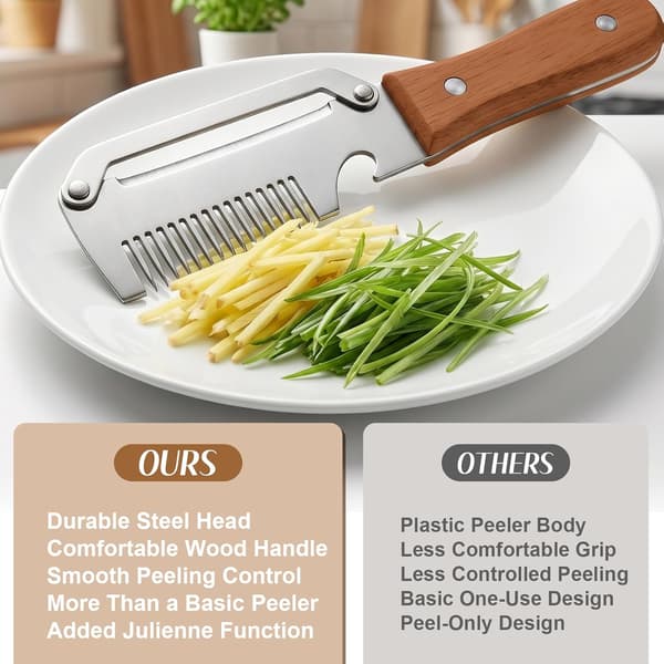 Multifunctional Kitchen Peeler with Wooden Handle, 3-in-1 Fruit and Vegetable Peeler, Includes Bottle Opener and Grater.