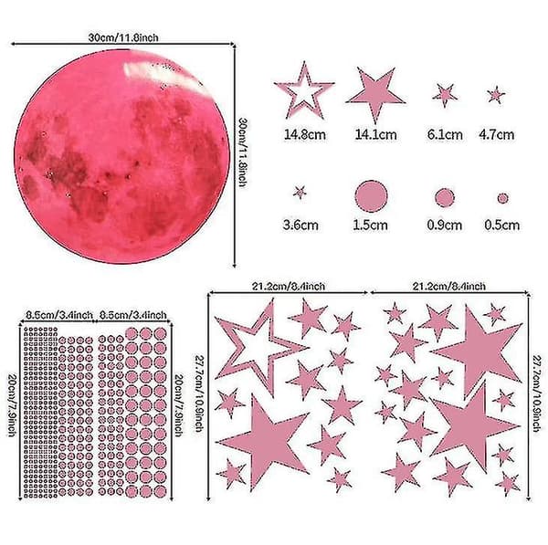 Selvlysende klistremerker 435 stk Lysende prikker stjerner månevegg (rosa)