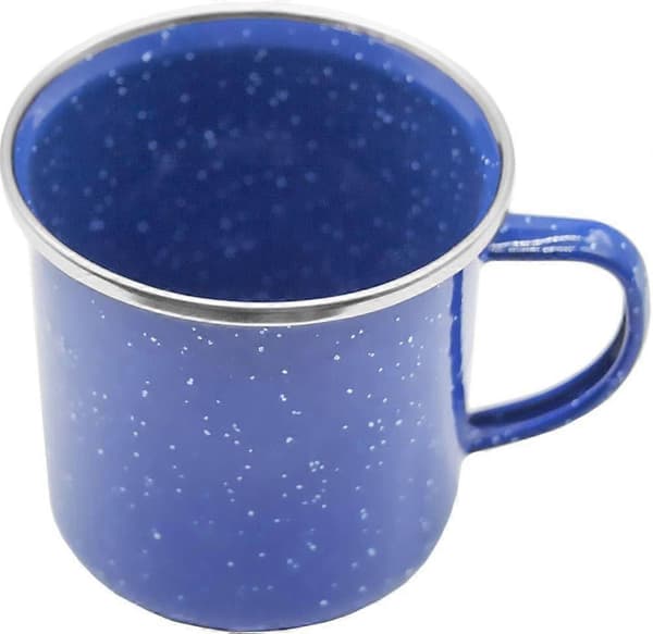 Emajlkopp, utomhusmugg, campingmugg, kaffemugg, metallmugg, klassisk formskön design, blå med vita prickar 300ml