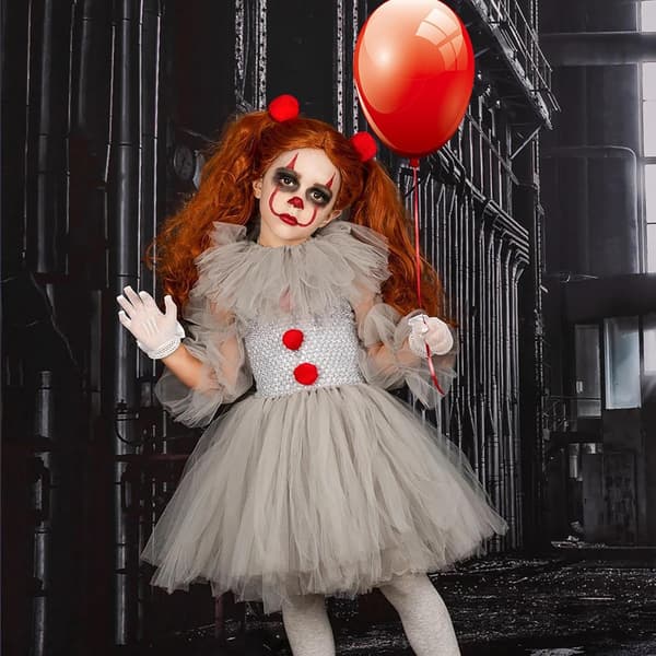 Barnens Läskiga Clownkostym för Halloween med Röd Hårtofs, 6-7 År 6-7 years old