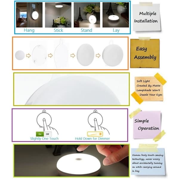 Kids Night Light, Rechargeable Bedside Lamp, Nursing Lamp, Dimmable LED Cabinet/Wardrobe Light, Touch-Sensitive Brightness Memory Lamp