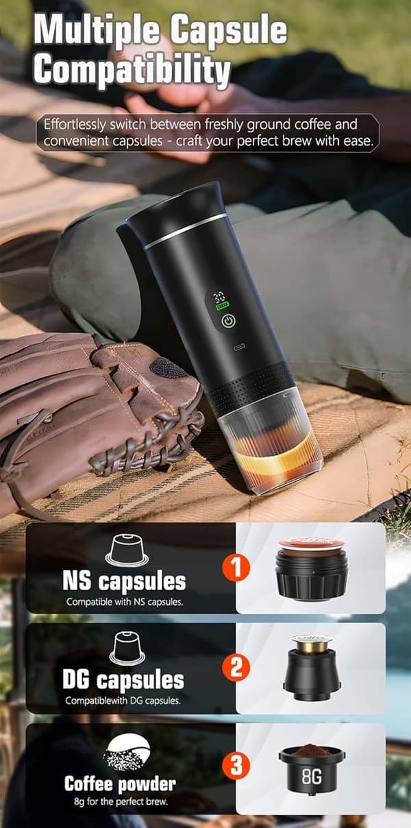 This 3-in-1 machine is a rechargeable, portable coffee maker with a 12V capacity, suitable for both capsule and ground coffee. for camping and travel