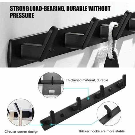 Wall Mounted Hanger (Black), Bathroom Wall Hanger, Towel Wall Hanger, Hanger with 4 Hooks for Bathroom, Bedroom, Kitchen, Hallway