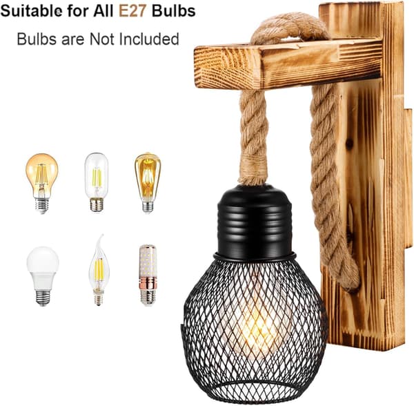 Wooden Wall Lamp with Hemp Rope, E27 LED Retro Wall Light Living Room Bedside Corridor Cafe Bar (Without Bulb)
