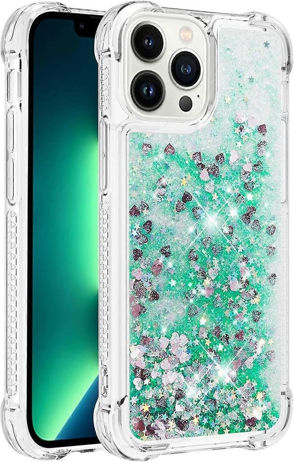 iPhone 13 Pro Max -kuori, kimalteleva glitter-neste, läpinäkyvä pehmeä TPU-silikonisuoja, vihreä