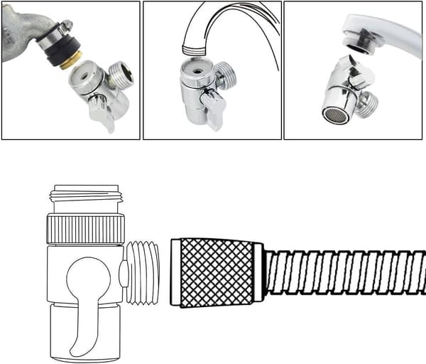 Bruseomskifter (M22 x M24), Premium legeringsventil, Udskiftningsventil -3/4 \" og 1/2 IPS Krom messing 3-vejs adapter Stopventil til køkken eller badeværelse (