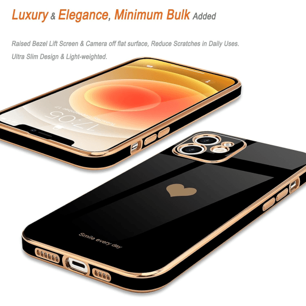 Kompatibel med iPhone 12 Etui til Kvinder Piger Sød Kærlighed Hjerte Luksus Bling Belægning Blødt Cover Hævet Fuld iPhone 12, Sort
