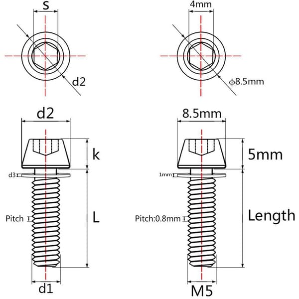 Titan Hex Konisk Huvudbult med Bricka Skruv för Stamdelar 6-pack (Ranibow, M5x18Mm)