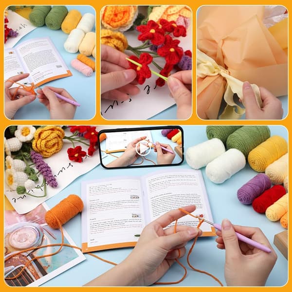 Crochet Kit for Beginners, Complete Knitting Starter Kit for Adults with Step-by-Step Video Guides, Learn to Crochet Kit, Adults (Rose)