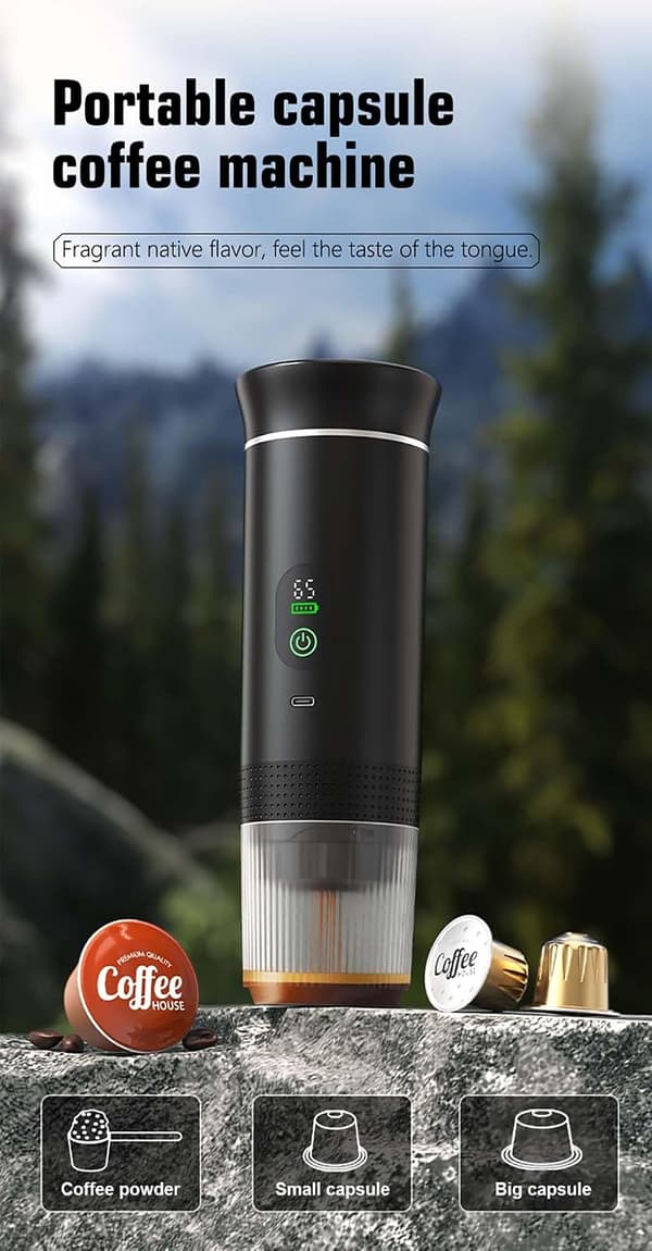 This 3-in-1 machine is a rechargeable, portable coffee maker with a 12V capacity, suitable for both capsule and ground coffee. for camping and travel