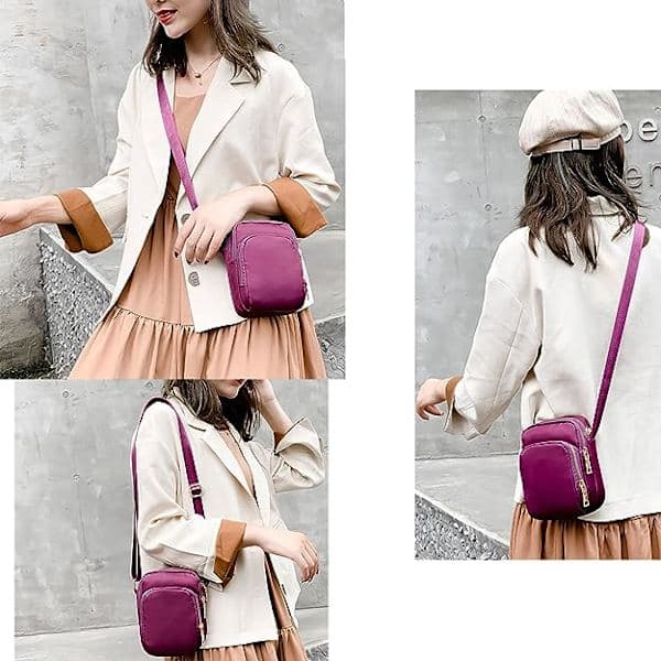 Women's Crossbody Phone Bag, Nylon Shoulder Bag, 3-Layer Cell Phone Wallet with Adjustable Shoulder Strap (Purple)