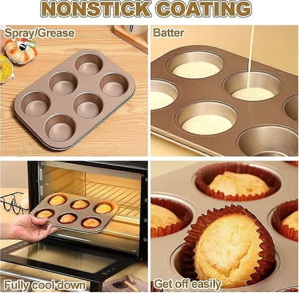 2-pak Jumbo Muffinsforme, Bageforme i Kulstofstål, Non-stick Cupcakeforme, 6-hullers Bageforme, Premium Bageudstyr, til Køkkenovn (Guld)