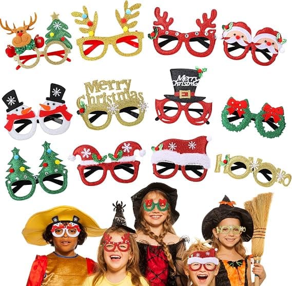 12 stk glitterbrillerammer til juletrefest, glitterbriller til juletrefest, gaver til juletrepynt