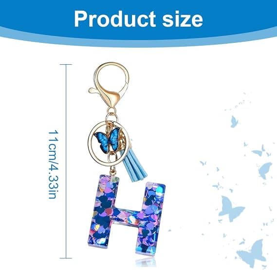 Cute Tassel Butterfly Resin Initial Letter Keychain Blue Letter H