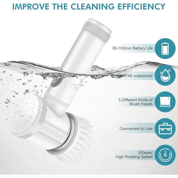 Wireless Electric Cleaning Brush with 5 Replaceable Brush Heads - Handheld Electric Shower Cleaner