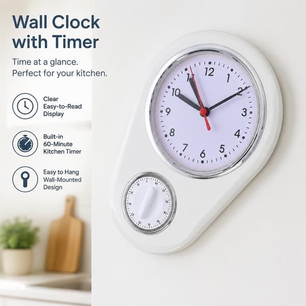 9 tommer køkkenvægur, lydløs kvarts, hvid, præcis timer, multifunktionel til hjemmet