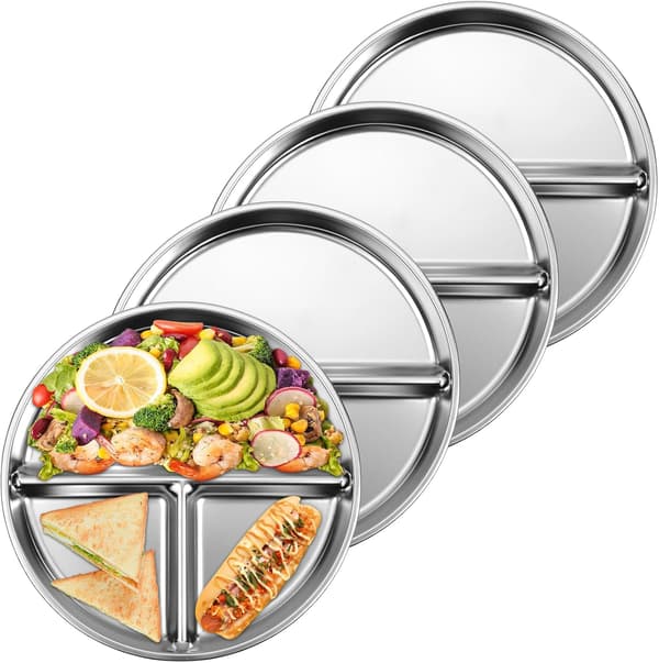 Set of 4 Stainless Steel Dinner Plates, 3-Compartment Portion Control Trays, Unbreakable Plates