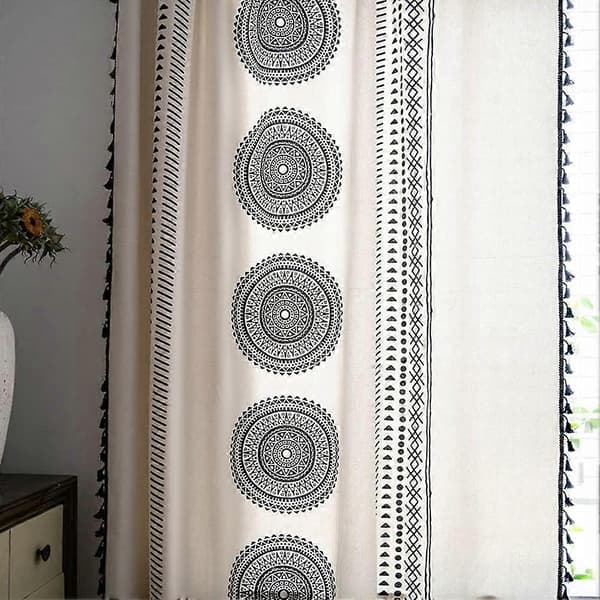 Curtains Mandala Geometric White and Black Curtains with Eyelets Polyester Cotton Curtains with Tassel for Kitchen Dining Room