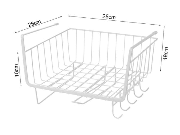 Under Cabinet Wire Basket, 5 Hooks, Paper Towel Holder, White, Kitchen Storage Organizer White