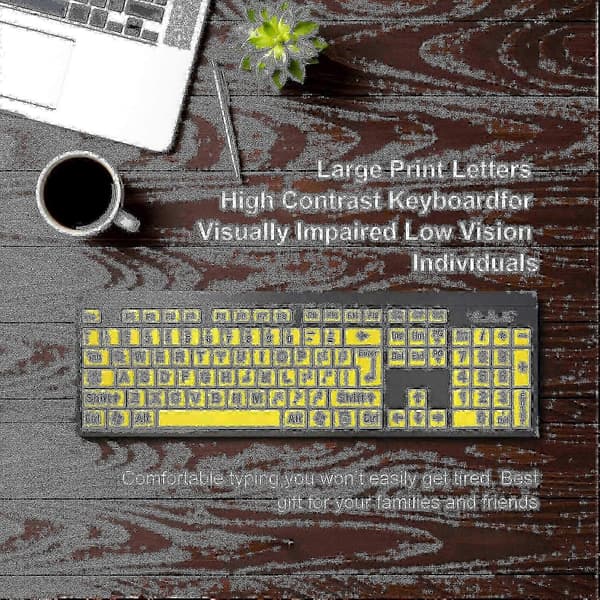 Large Keyboard for Computer, Wired USB High Contrast Large Print Keyboard for Visually Impaired People with Low Vision (Yellow)