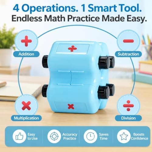 Math Teacher 4-in-1 Math Stamp Roller for Kids (Blue) | Math Stamp Roller Addition, Subtraction, Multiplication & Fill-in-the-Blank Practice Blue Blue