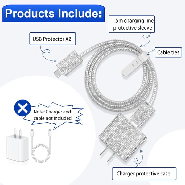 Sæt med beskyttelsescover til iPhone 20W USB-C-oplader, glitrende diamantopladercover, velegnet til piger, bløde glitrende opladerkabelcovers.